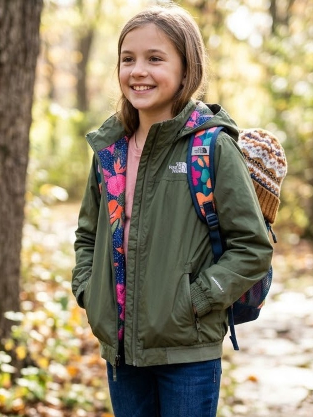 The North Face Girls Medium 10/12 Olive Green Windbreaker Jacket Floral Hooded